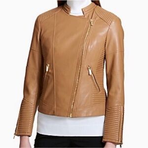 Calvin Klein Tan Faux-Leather Moto Jacket